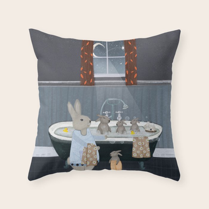 bunny bath time Throw Pillow Gallery Image 1
