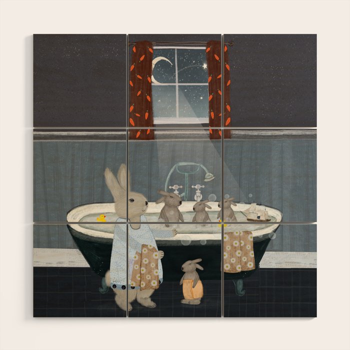 bunny bath time Wood Wall Art Gallery Image 1