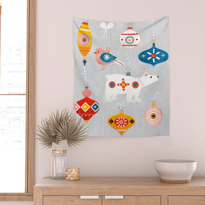 christmas vintage decorations with bear and bird Wall Tapestry Gallery Image 2