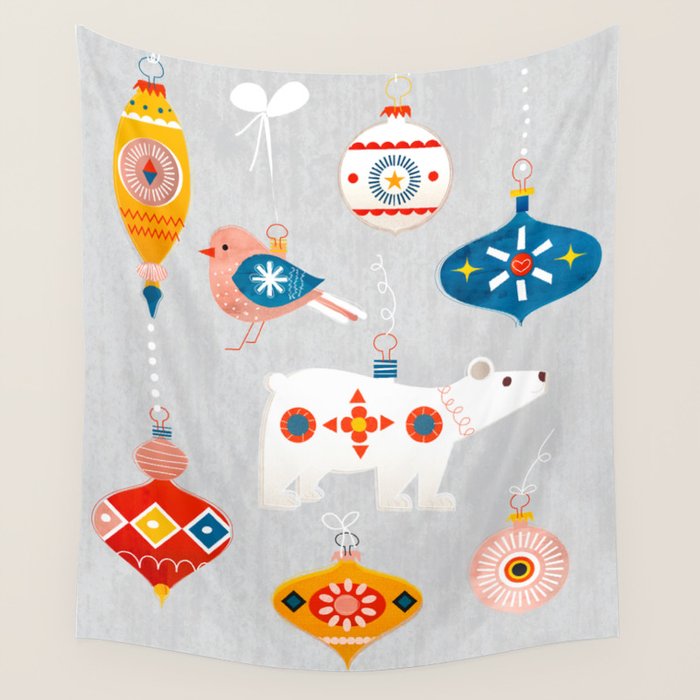 christmas vintage decorations with bear and bird Wall Tapestry Gallery Image 4