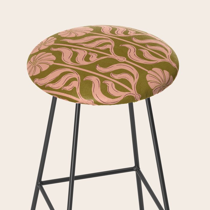 Hand-Drawn Pink And Olive Green Botanical Floral Pattern Stool Gallery Image 2