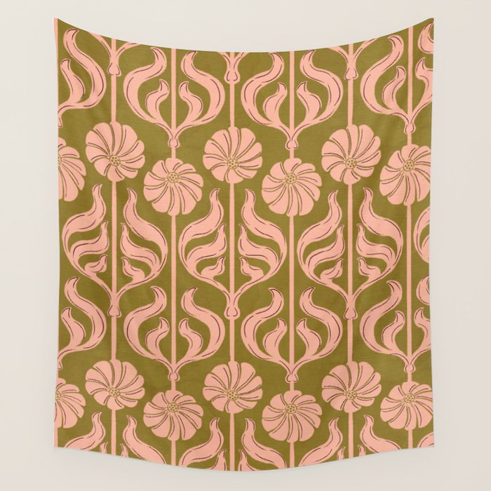 Hand-Drawn Pink And Olive Green Botanical Floral Pattern Wall Tapestry Gallery Image 4