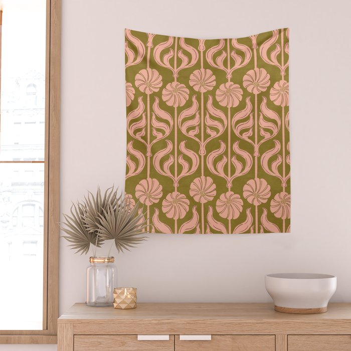 Hand-Drawn Pink And Olive Green Botanical Floral Pattern Wall Tapestry Gallery Image 2