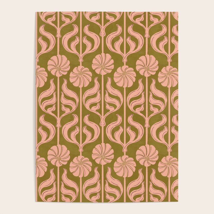 Hand-Drawn Pink And Olive Green Botanical Floral Pattern Poster Gallery Image 4