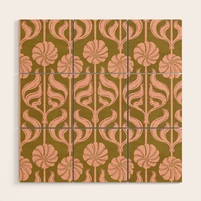 Hand-Drawn Pink And Olive Green Botanical Floral Pattern Wood Wall Art Gallery Image 1