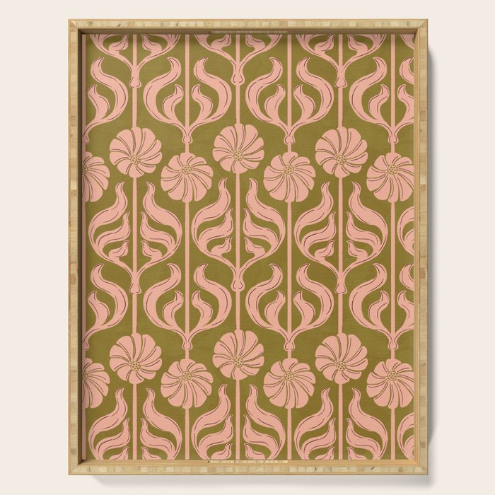 Hand-Drawn Pink And Olive Green Botanical Floral Pattern Serving Tray Gallery Image 1