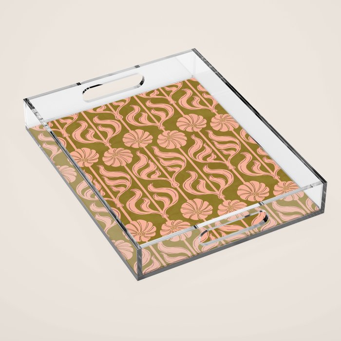 Hand-Drawn Pink And Olive Green Botanical Floral Pattern Acrylic Tray Gallery Image 1