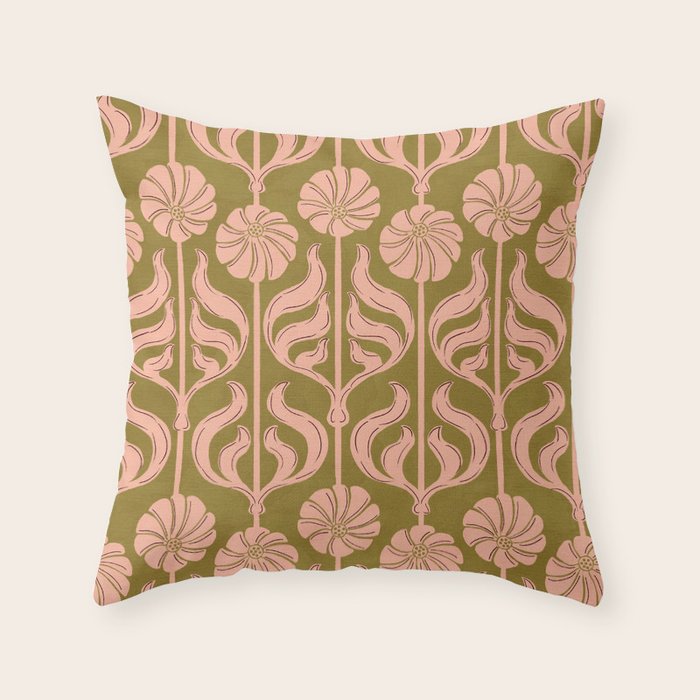 Hand-Drawn Pink And Olive Green Botanical Floral Pattern Throw Pillow Gallery Image 6
