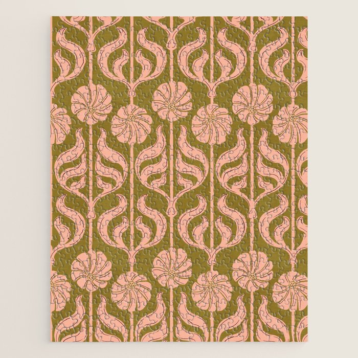 Hand-Drawn Pink And Olive Green Botanical Floral Pattern Jigsaw Puzzle Gallery Image 1