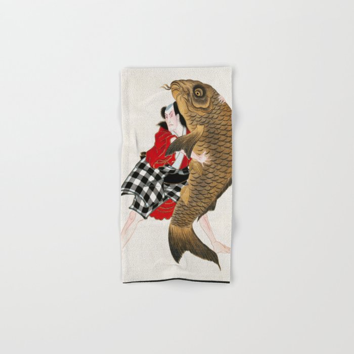 Man And Fish Japanese Woodblock Print Bath Towel Gallery Image 1