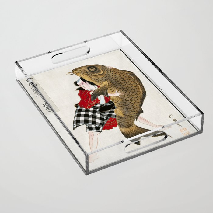 Man And Fish Japanese Woodblock Print Acrylic Tray Gallery Image 1