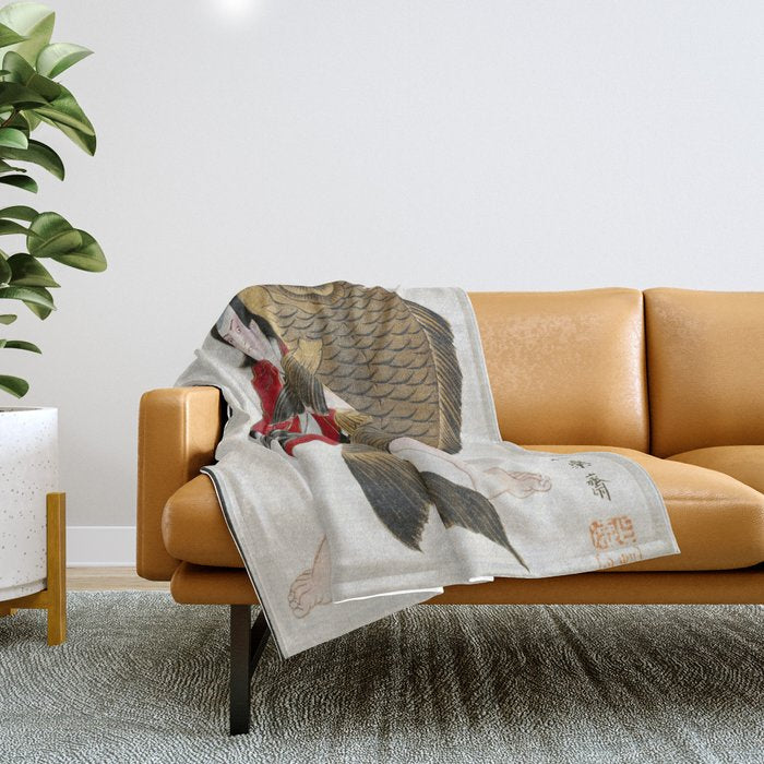 Man And Fish Japanese Woodblock Print Throw Blanket Gallery Image 1