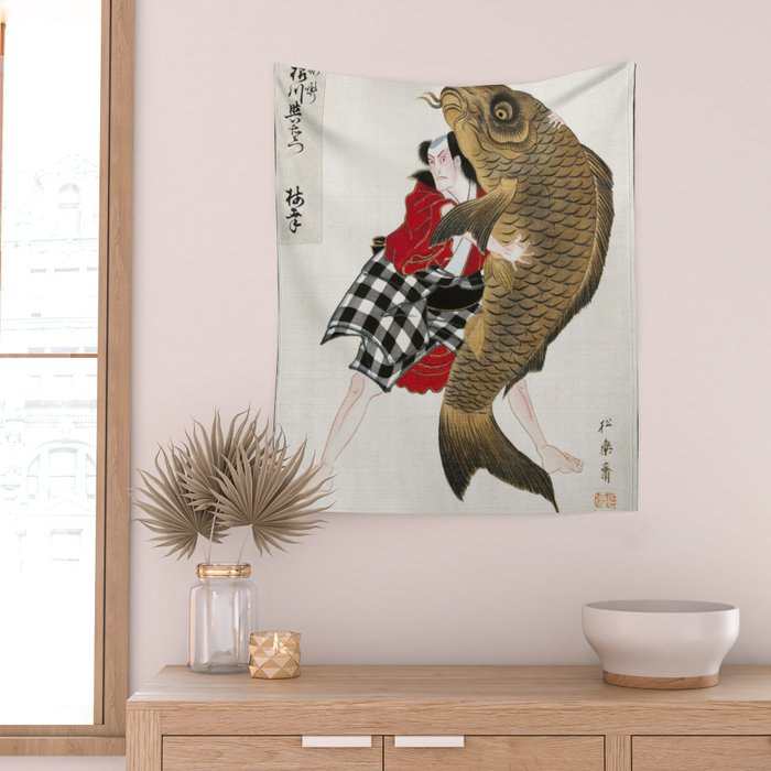 Man And Fish Japanese Woodblock Print Wall Tapestry Gallery Image 2