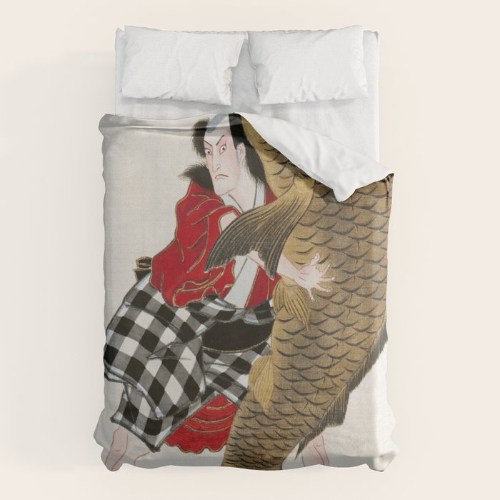 Man And Fish Japanese Woodblock Print Duvet Cover Gallery Image 1