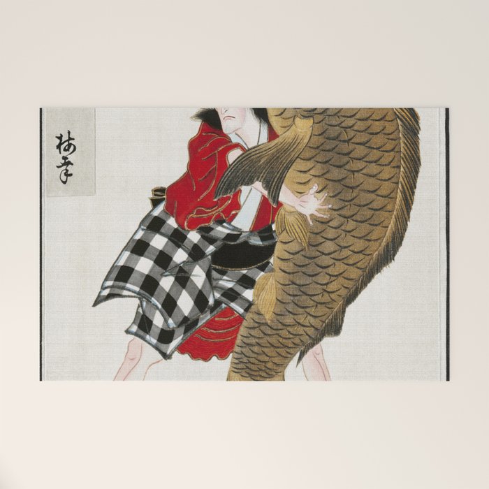 Man And Fish Japanese Woodblock Print Welcome Mat Gallery Image 1