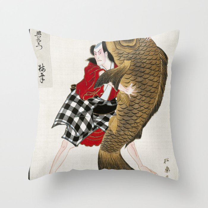 Man And Fish Japanese Woodblock Print Throw Pillow Gallery Image 6