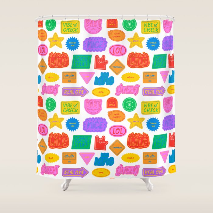 Fun retro sticker quote cartoon pattern Shower Curtain Gallery Image 1