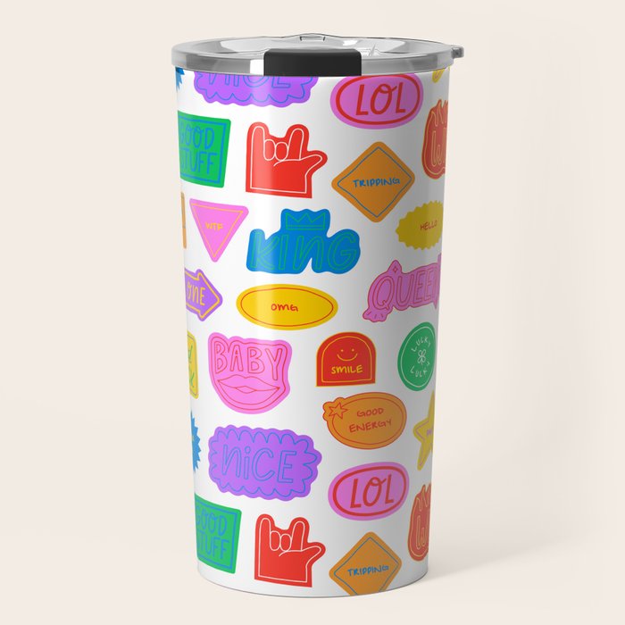 Fun retro sticker quote cartoon pattern Travel Mug Gallery Image 1