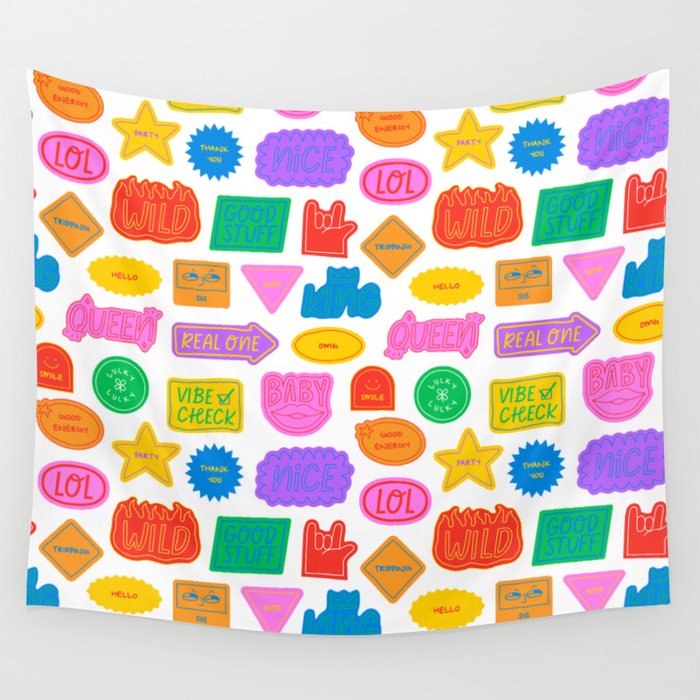 Fun retro sticker quote cartoon pattern Wall Tapestry Gallery Image 1