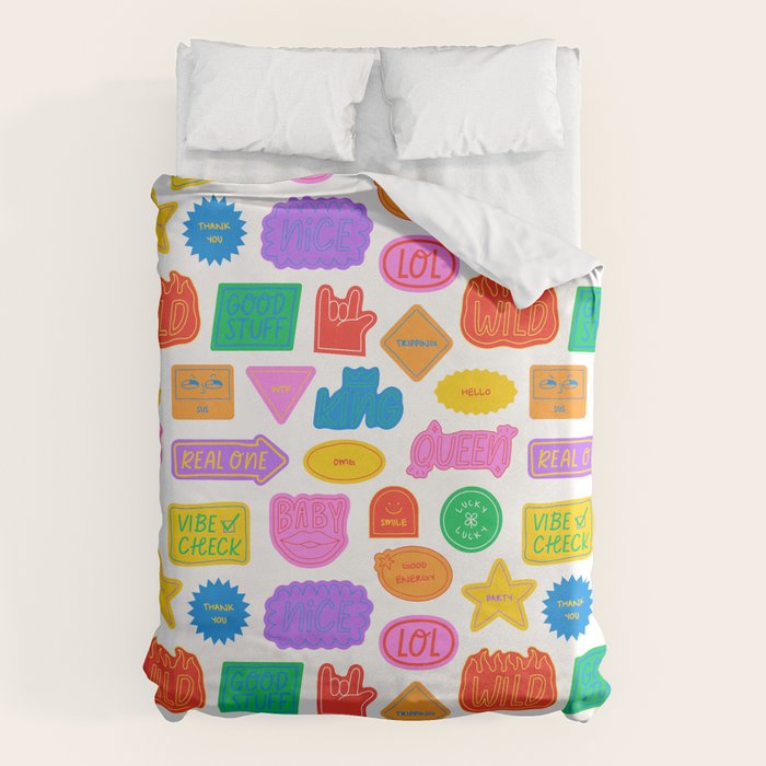 Fun retro sticker quote cartoon pattern Duvet Cover Gallery Image 6