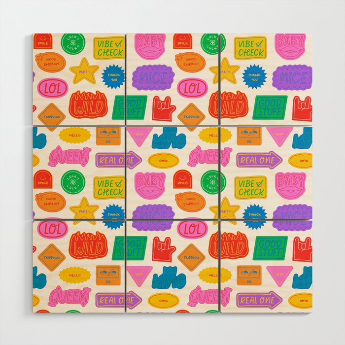 Fun retro sticker quote cartoon pattern Wood Wall Art Gallery Image 1