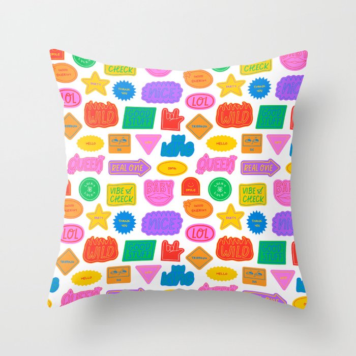 Fun retro sticker quote cartoon pattern Throw Pillow Gallery Image 6