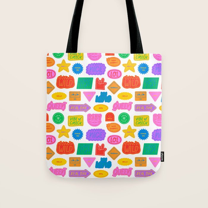Fun retro sticker quote cartoon pattern Tote Bag Gallery Image 1