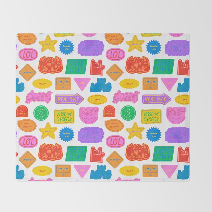Fun retro sticker quote cartoon pattern Throw Blanket Gallery Image 2