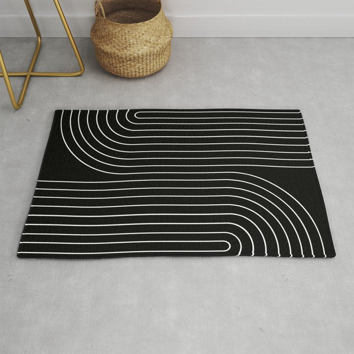 Minimal Line Curvature II Black and White Mid Century Modern Arch Abstract Rug Gallery Image 1