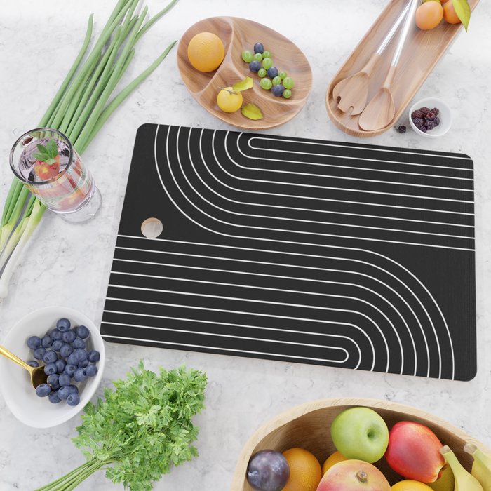 Minimal Line Curvature II Black and White Mid Century Modern Arch Abstract Cutting Board Gallery Image 2