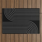 Minimal Line Curvature II Black and White Mid Century Modern Arch Abstract Outdoor Rug Gallery Image 1