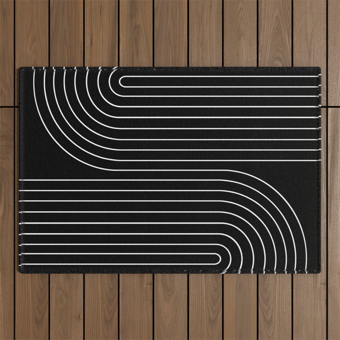 Minimal Line Curvature II Black and White Mid Century Modern Arch Abstract Outdoor Rug Gallery Image 1