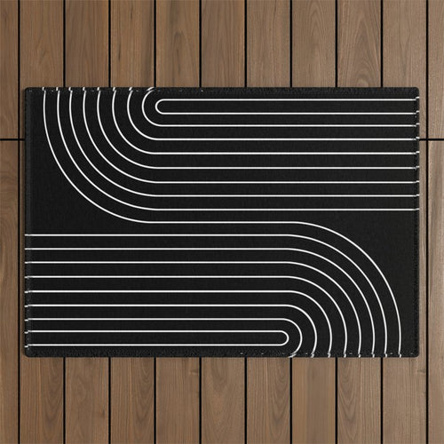 Minimal Line Curvature Ii Black And White Mid Century Modern Arch Abstract Outdoor Rug Gallery Image 1