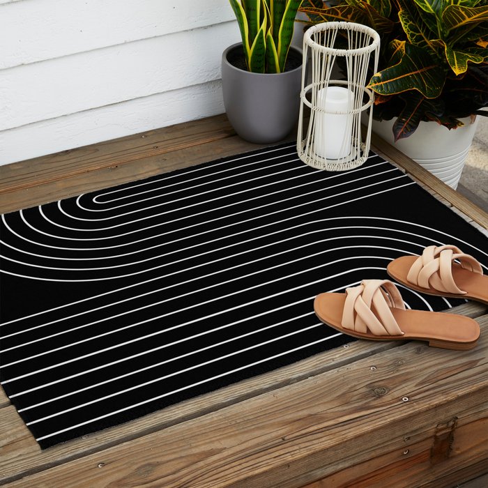 Minimal Line Curvature II Black and White Mid Century Modern Arch Abstract Outdoor Rug Gallery Image 2