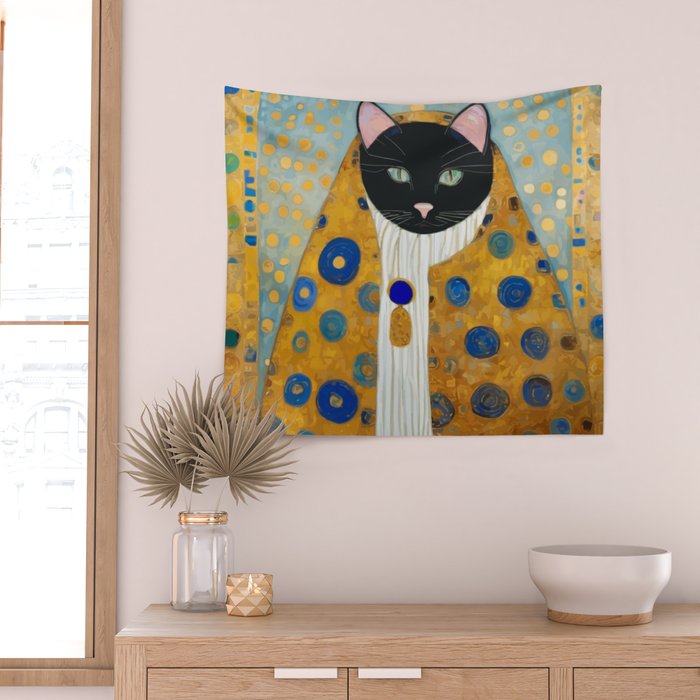 Klimt Cat with Green Eyes and Warm Shawl Wall Tapestry Gallery Image 2