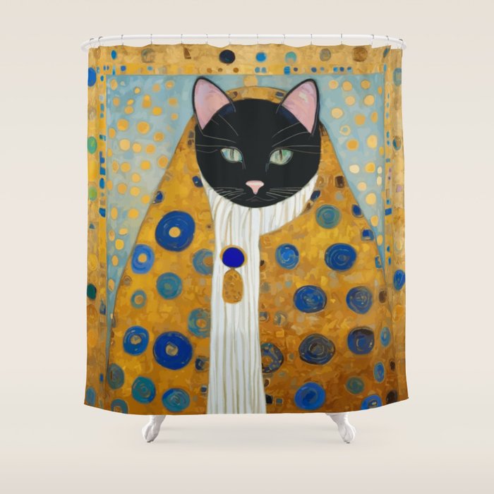 Klimt Cat with Green Eyes and Warm Shawl Shower Curtain Gallery Image 1