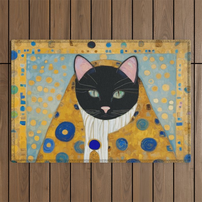 Klimt Cat with Green Eyes and Warm Shawl Outdoor Rug Gallery Image 1