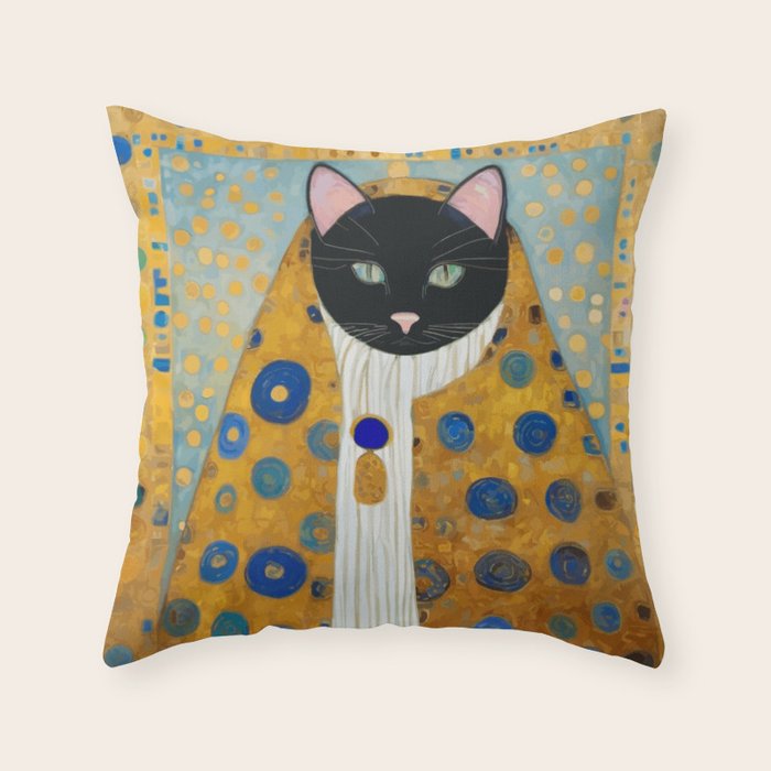 Klimt Cat with Green Eyes and Warm Shawl Throw Pillow Gallery Image 1