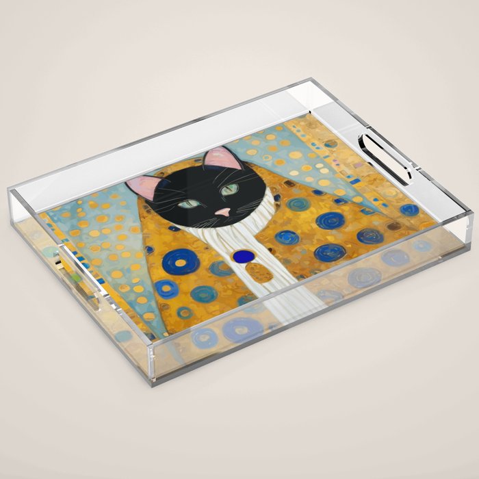 Klimt Cat with Green Eyes and Warm Shawl Acrylic Tray Gallery Image 1
