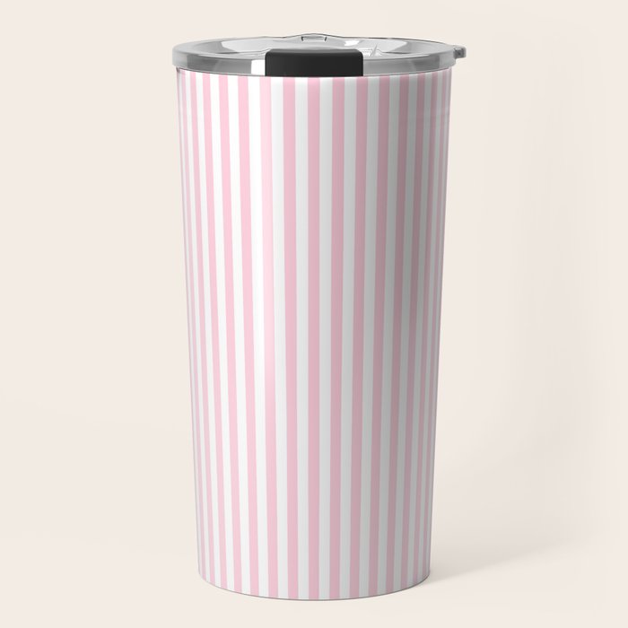 Pastel Pink and White Fine Stripes Vertical Pattern Travel Mug Gallery Image 1