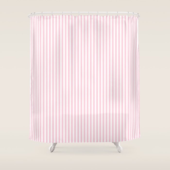 Pastel Pink and White Fine Stripes Vertical Pattern Shower Curtain Gallery Image 1