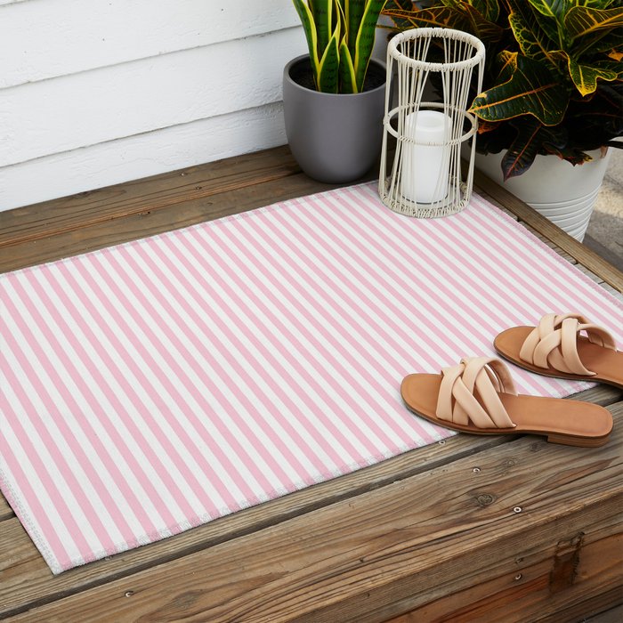 Pastel Pink and White Fine Stripes Vertical Pattern Outdoor Rug Gallery Image 2