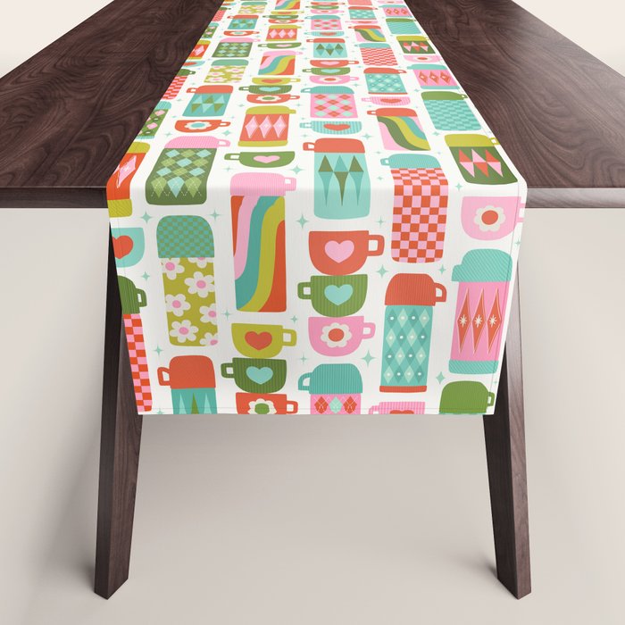 Retro Coffee Thermoses Multicolor on White Table Runner Gallery Image 1