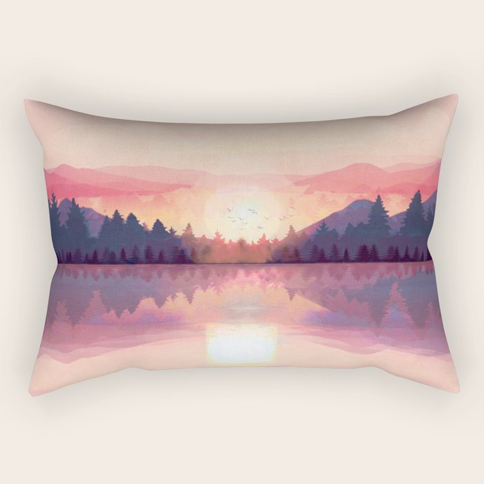 Morning Sunshine over the Peaceful Mountain Lake Rectangular Pillow Gallery Image 1