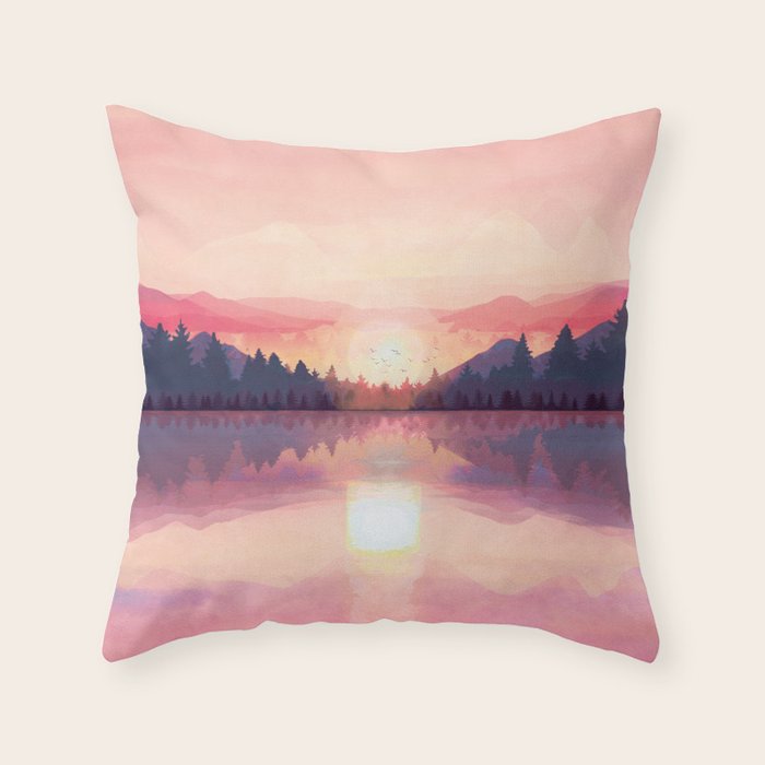 Morning Sunshine over the Peaceful Mountain Lake Throw Pillow Gallery Image 6