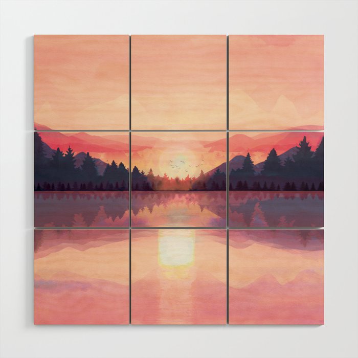 Morning Sunshine over the Peaceful Mountain Lake Wood Wall Art Gallery Image 1
