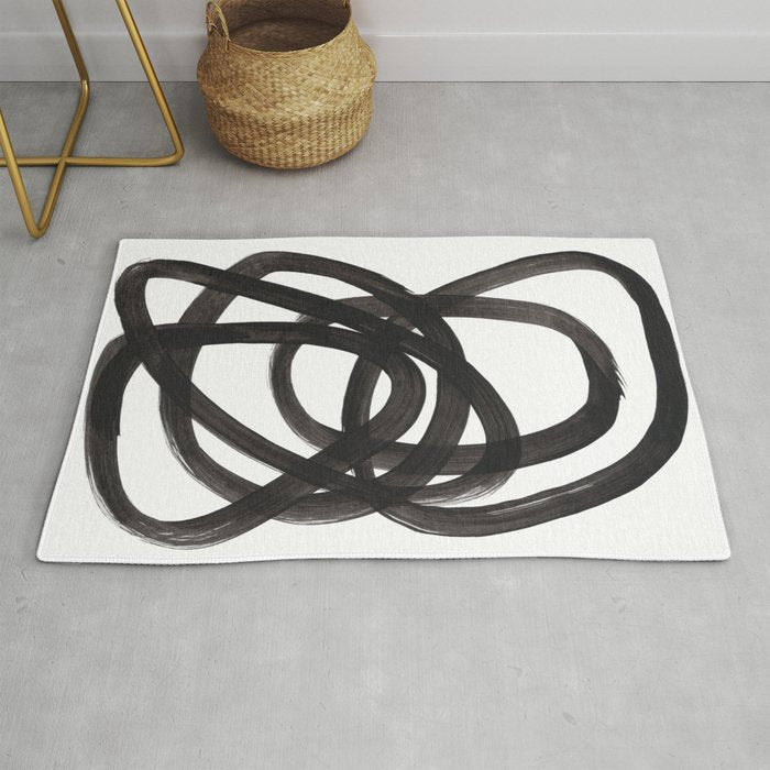 Black And White Minimalist Mid Century Abstract Ink Art Circle Swirls Black Circles Minimal Rug Gallery Image 1