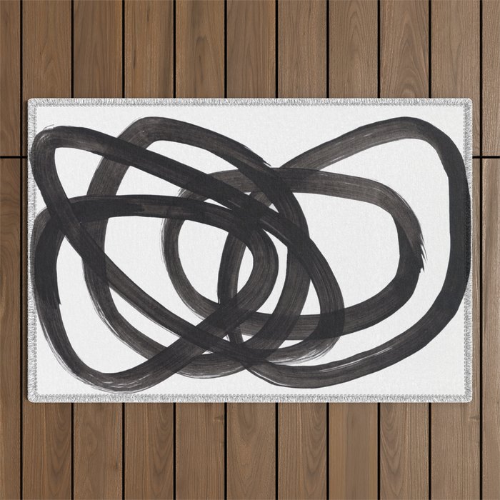 Black And White Minimalist Mid Century Abstract Ink Art Circle Swirls Black Circles Minimal Outdoor Rug Gallery Image 1