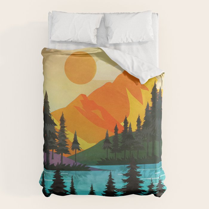 Colorful sunset near the peaceful forest lake Duvet Cover Gallery Image 1