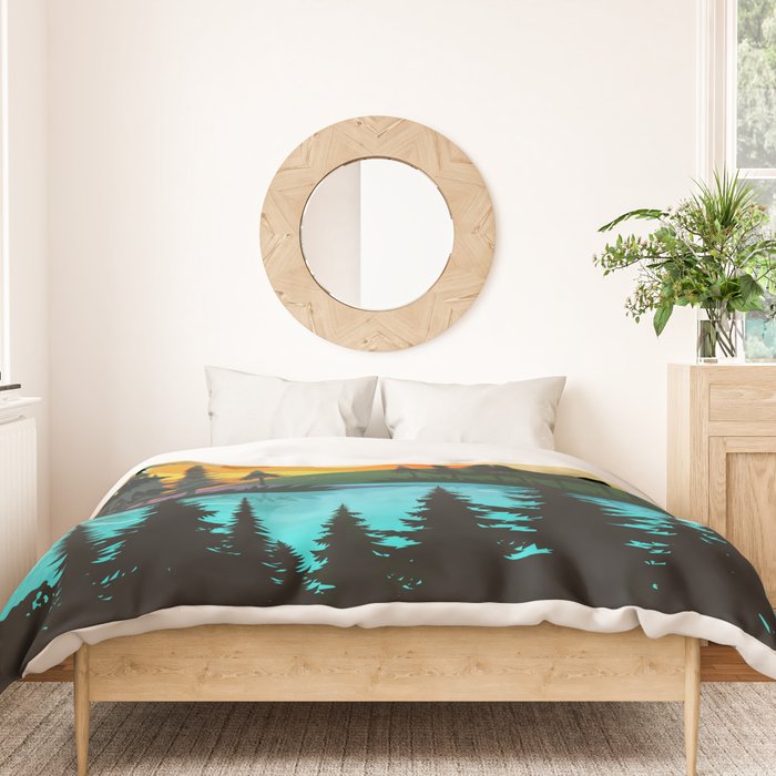 Colorful sunset near the peaceful forest lake Duvet Cover Gallery Image 3